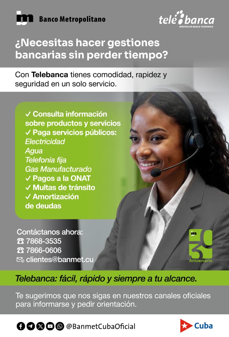 BanMetCapital's tweet photo. Si necesitas realizar gestiones bancarias de forma ágil y fácil, #Banmet30Años te recomienda el uso de Telebanca. Ver Iconografía. Seguimos #SirviendoYCreandoValor @YelegnyFC #CubaQuierePaz @BancoCentralCub @YanetHzP25 @IzquierdoAlons1 https://t.co/D6lSXvZH12