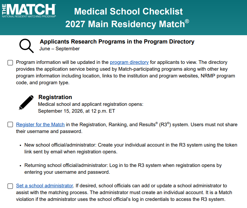 TheNRMP's tweet photo. Medical Schools! Check out our new 2027 Main Residency Match resources we have for you to successful navigate the #Match2027 process. 

Medical school calendar: https://t.co/70Uxc7ruoR
Checklist: https://t.co/4Uq9LbcyAV

#MedEd #MedSchool #NRMP https://t.co/gHhf9oKkq2