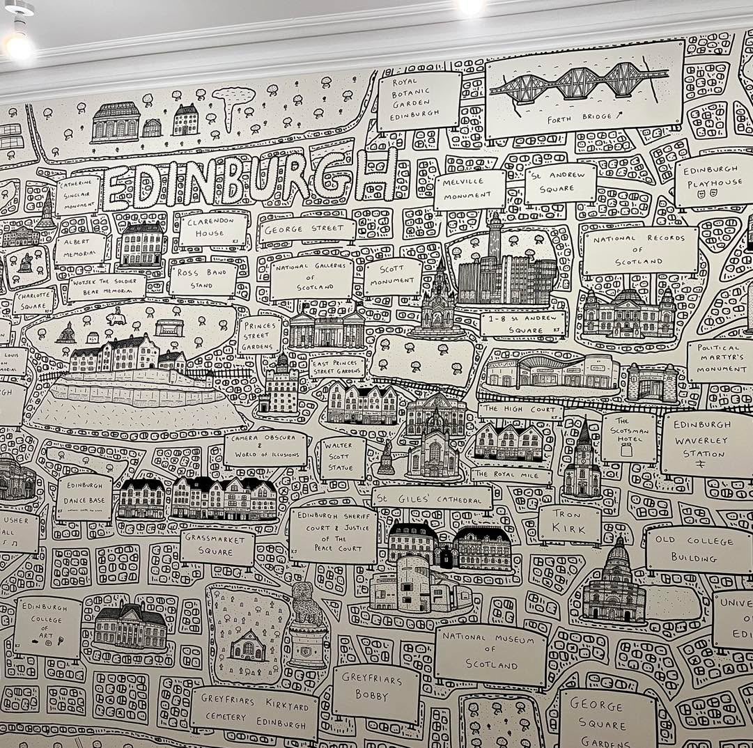DaveDraws_'s tweet photo. Looking back at the huge Edinburgh doodle map mural that I created a couple of years back at KJ Tait’s office in the city! https://t.co/t4ntimY3yE