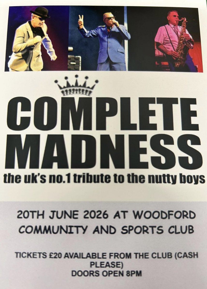 MadnessComplete's tweet photo. ‼️LAST FEW TICKETS LEFT‼️
We are looking forward to this gig 😎
Woodford Community and
Sports Club
Saturday 20th June 2026
Highfield, Woodford #Kettering
NN14 4HD
#CompleteMadness
#Ska #Madness #2tone #theSpecials #theBeat #BadManners #Gig #LiveMusic #FollowUs https://t.co/JLTuwOI2pK