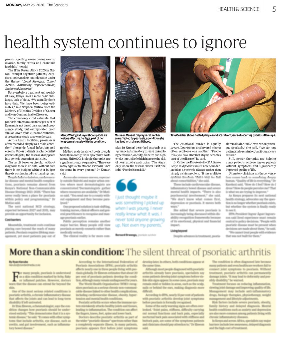 PsoriasisIFPA's tweet photo. We are thrilled to see that #IFPAForum2026 helped bring psoriasis into the mainstream media in Africa .
Read this powerful article by the Standard newspaper, exploring challenges of people living with psoriasis in Kenya: https://t.co/JwNzU4GKXi https://t.co/ZA6ixHh37m