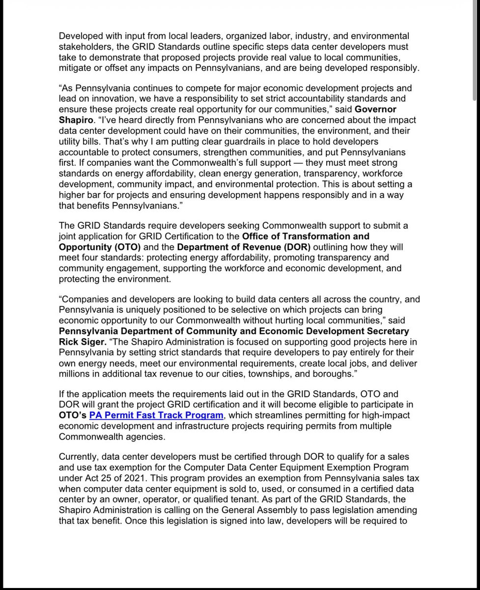 MacFarlaneNews's tweet photo. NEW: Gov. Josh Shapiro (D-PA) unveils sweeping new standards for data centers (huge issue with voters nationwide)

Among the standards: They must sink it“sustainability plan detailing how they will deploy advanced technology to limit water &amp; energy consumption by the data center” https://t.co/3ZBP7B99Mf
