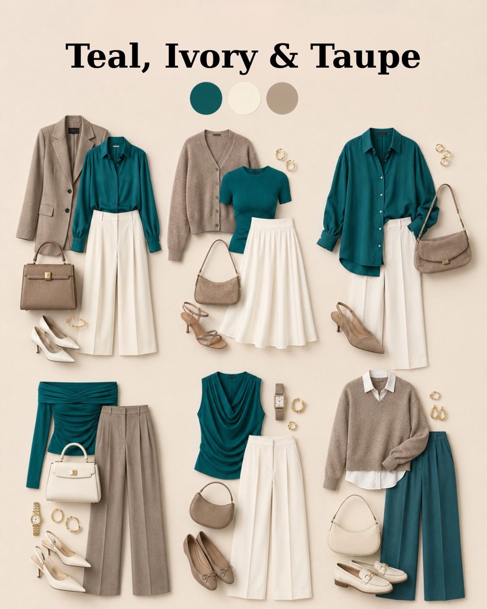 lafemmewanderer's tweet photo. Teal, ivory &amp; taupe — the color combo that makes every outfit look effortlessly elegant 🤍✨ https://t.co/uqw8Hzxnuu