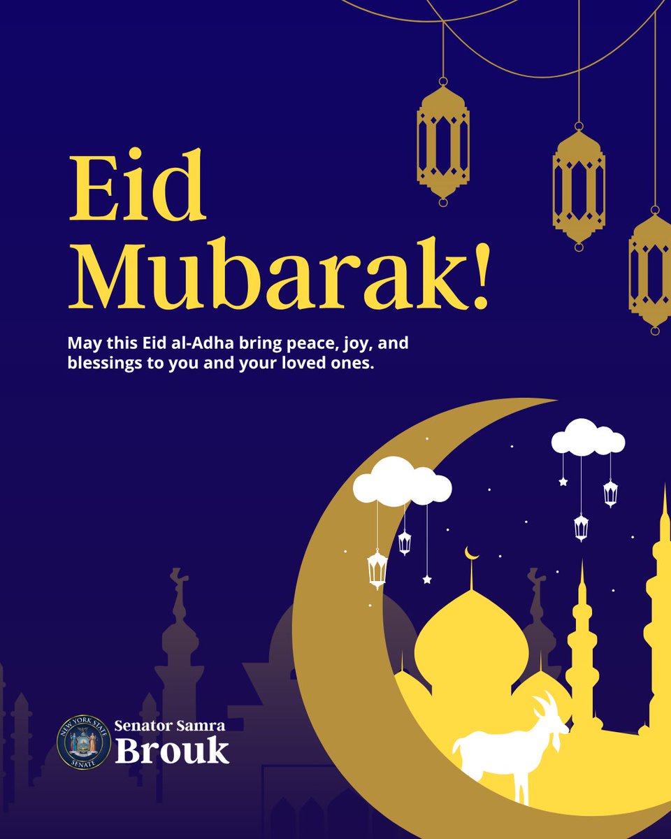 SenatorBrouk's tweet photo. Eid Mubarak! Eid al-Adha is a time of prayer, sacrifice, generosity, and community. We extend our warmest wishes for peace, joy, and blessings to all who are celebrating. https://t.co/Y1IWrU3auE