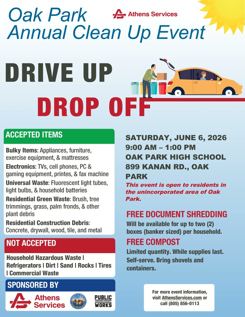 vcd2sup's tweet photo. Join us for the Oak Park Annual Clean Up Event on Saturday, June 6 from 9 AM – 1 PM at Oak Park High School! This is a great opportunity for Oak Park residents to safely dispose of bulky items, electronics, green waste, construction debris, and more. Free document shredding and compost will also be available while supplies last. Thank you to Athens Services, Ventura County Public Works, and all community partners helping make this event possible! @AthensServices @VCPublicWorks 

https://t.co/8z1JKNl047
