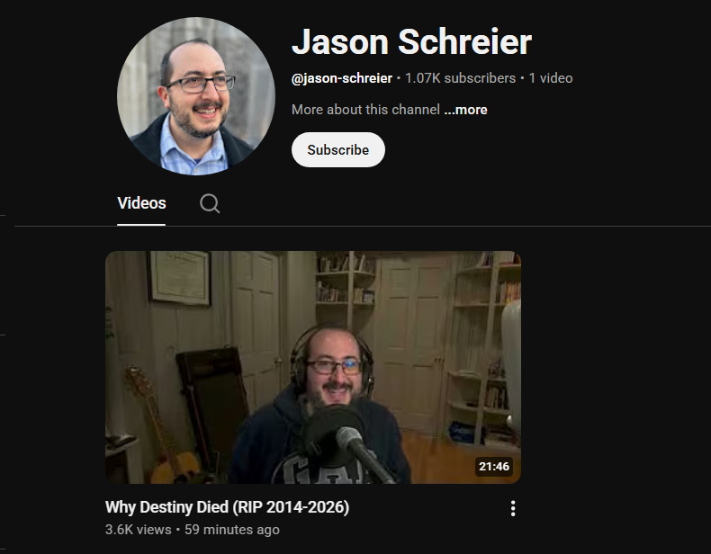 falloutplays's tweet photo. Welp.  There's a video out by @jasonschreier about the situation at Destiny (his ONLY yt vid.)  This might hurt to watch, but I'm just gonna rip the bandaid off, because I'm burning with curiosity.
🔴https://t.co/Q6yUIunBw0 https://t.co/rQSJMGVak1