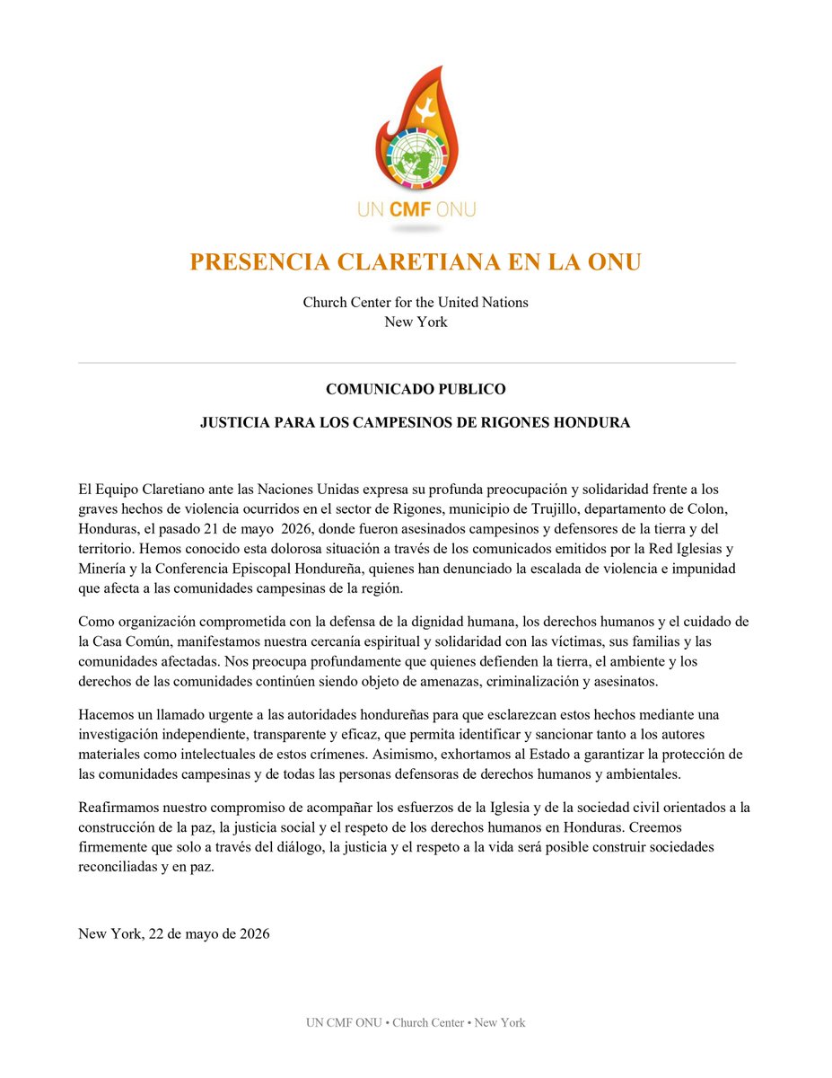 iglesiaymineria's tweet photo. 📢El Equipo Claretiano ante la ONU expresa su cercanía y solidaridad con las víctimas, familias y comunidades tras el asesinato de campesinos en #Rigores, #Colón, #Honduras. Hace un llamado urgente a las autoridades para garantizar justicia y protección a las comunidades. https://t.co/ODAN29se8c