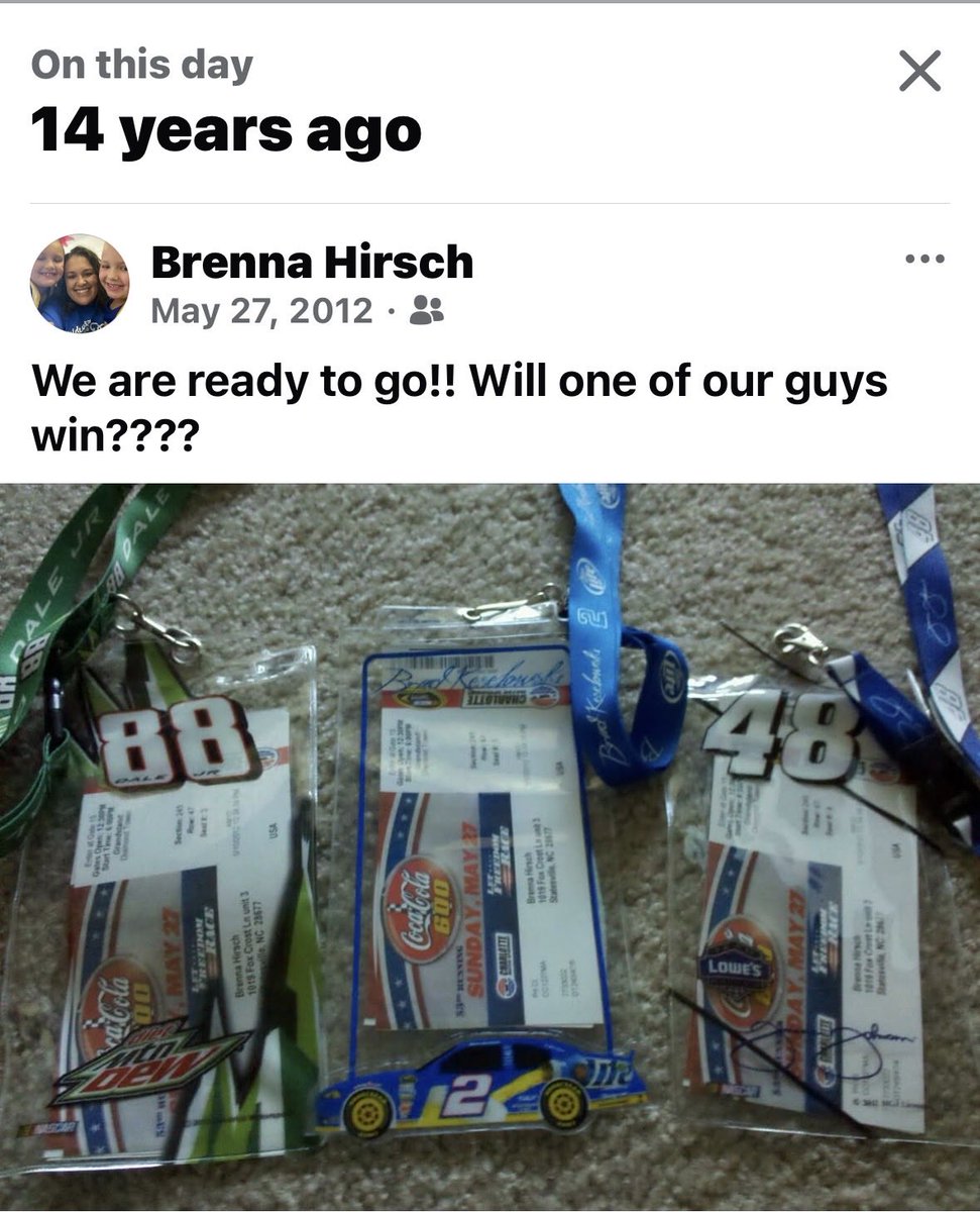 brenhirsch's tweet photo. Facebook memory today from the Coke 600…No way to make the Nashville cup race this weekend-but I think I may pack up the family for the @NASCAROReillyAP race and try to catch @keselowski practice &amp; qualify!🤞 https://t.co/neSlO6JxhD