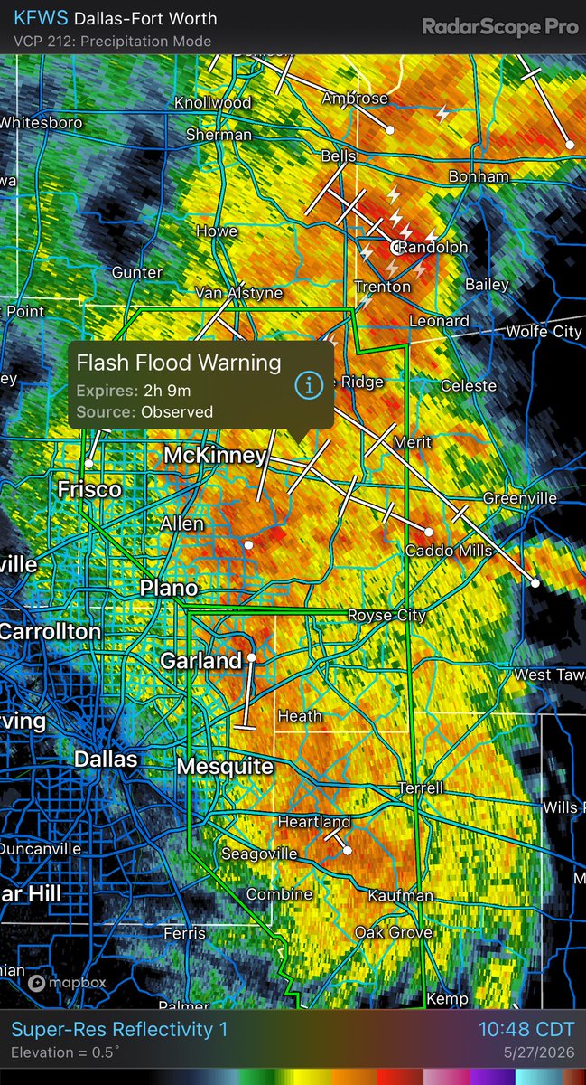 CollinARES's tweet photo. New event. Flash Flood Warning from 5/27/2026 10:49 AM to 1:00 PM CDT for Collin Wide. https://t.co/lyj5k6x8ih https://t.co/hTQISEkqi9