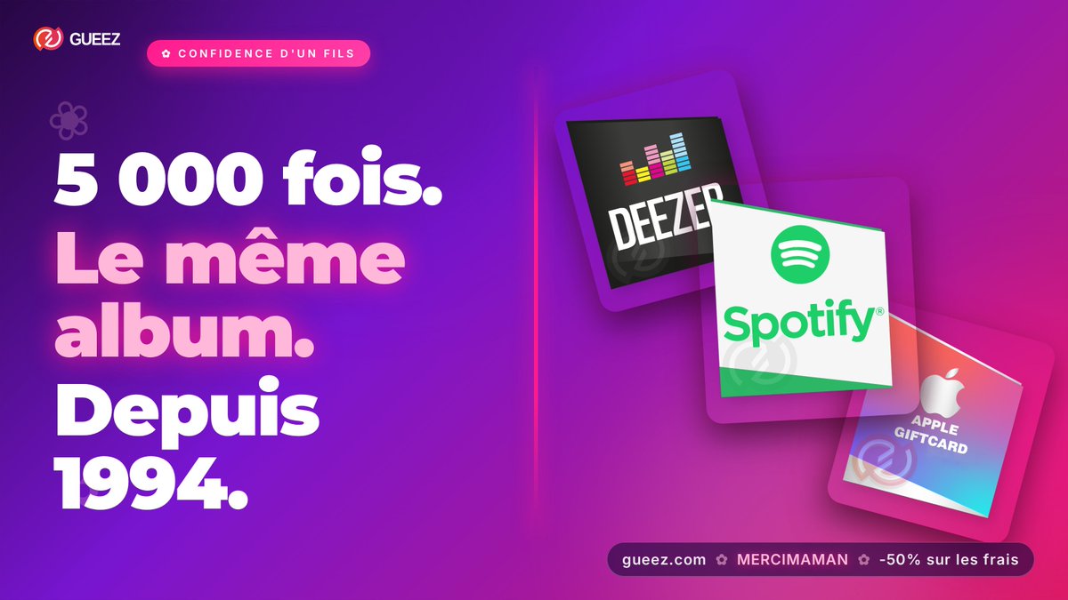 gueezfr's tweet photo. Le bouquet de ta mère fane mercredi.
Sa playlist Cabrel, elle l'écoute encore en 2027.
Spotify/Deezer sur https://t.co/jA9gomZ97B, code MERCIMAMAN, -50% sur les frais, dimanche 23h59 dernière limite. https://t.co/Q8p4TwczZB