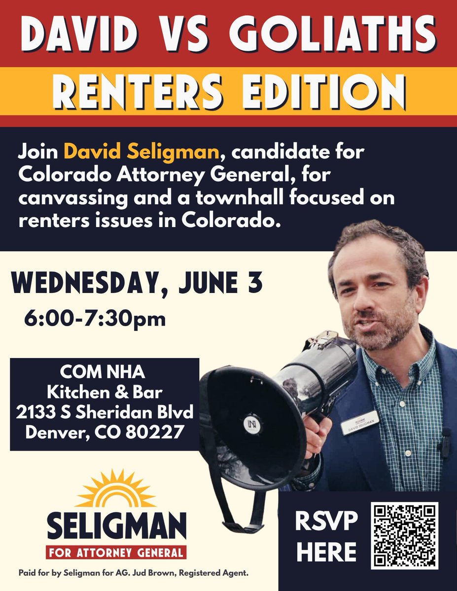 daveyseligman's tweet photo. Join us June 3rd for a Renter's town hall where you will get the chance to speak directly with David about your housing concerns!
#affordablehousing #rentersrights #livingincolorado #housingjustice https://t.co/oqZ41axbJC