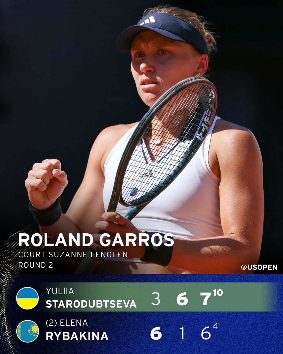 usopen's tweet photo. Starodubtseva is a STAR as she upsets Rybakina to advance to Round 3! 🌟 https://t.co/t5Jjrh2FZ3