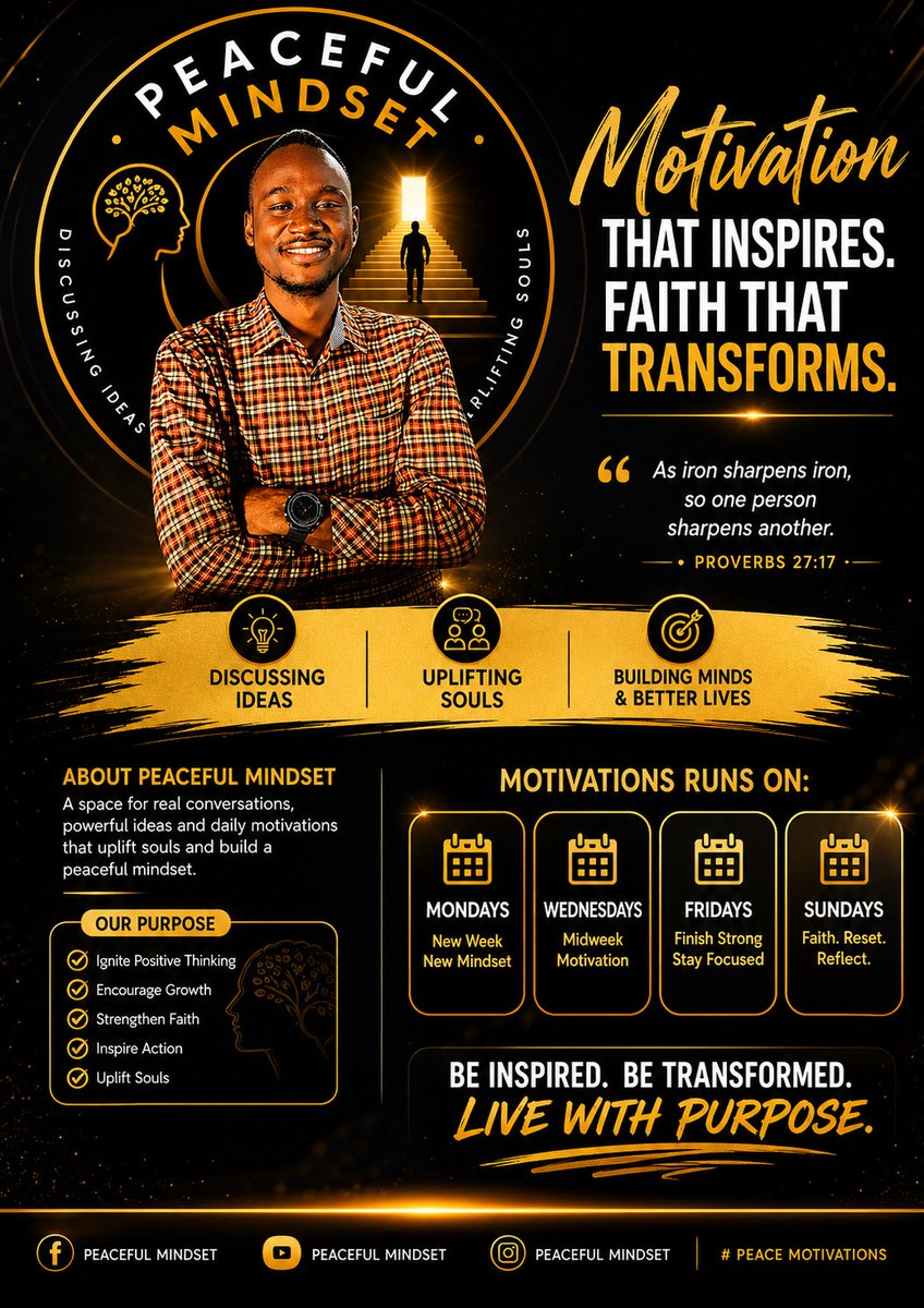 PeacefulMindse2's tweet photo. Peaceful Mindset is evolving into a rhythm of inspiration; now *delivering motivation every Monday, Wednesday, Friday, and Sunday.* Four days set apart to realign your thoughts, strengthen your discipline, and fuel your purpose 💪 

The flyer explains it all. https://t.co/C2WiwwZCH6