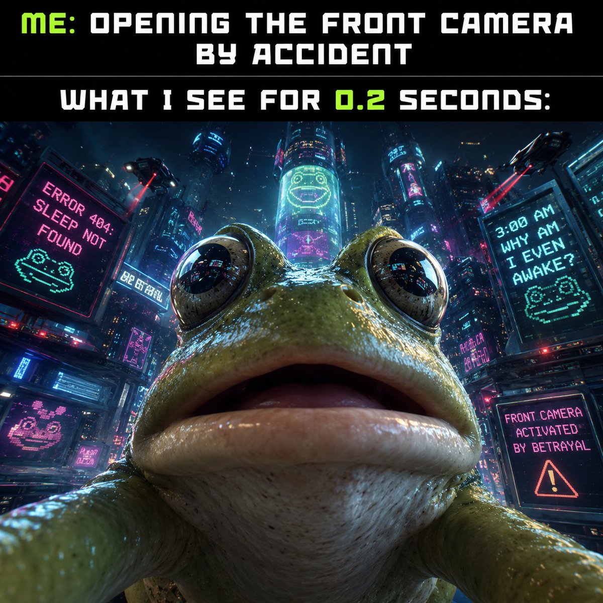 metartificial's tweet photo. POV: you accidentally open the front camera and immediately discover a frog from the cyberpunk future judging your entire existence. 🐸📱🌃

“WHAT I SEE FOR 0.2 SECONDS:”

The most aggressive selfie in human history.

#meme #animal #art #frog https://t.co/9W77XqqPp9