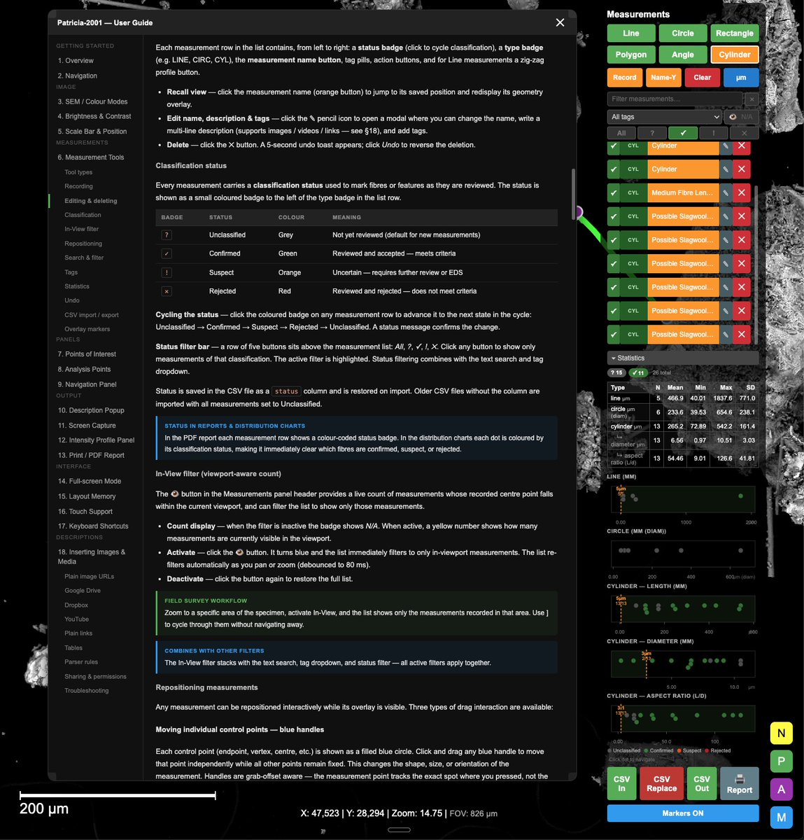 quantumheat's tweet photo. Deep Zoom Image Production & Publishing
UPDATE#10 - Advanced tools for data analysis + usability improvements

- Intensity Profile Panel
- Classification tags
- Statistics Strip Plots
- Measurement body drag
- Polygon/cylinder nodes
- Marker pulse on hover

User guide updated

This is now a full-featured analysis tool that works in your browser of choice on your device of choice without any need for software installation.

More complete list of major updates  here:
https://t.co/TV7Yek4gnV

Go direct to SEM Viewer
https://t.co/5pPW3oATFe