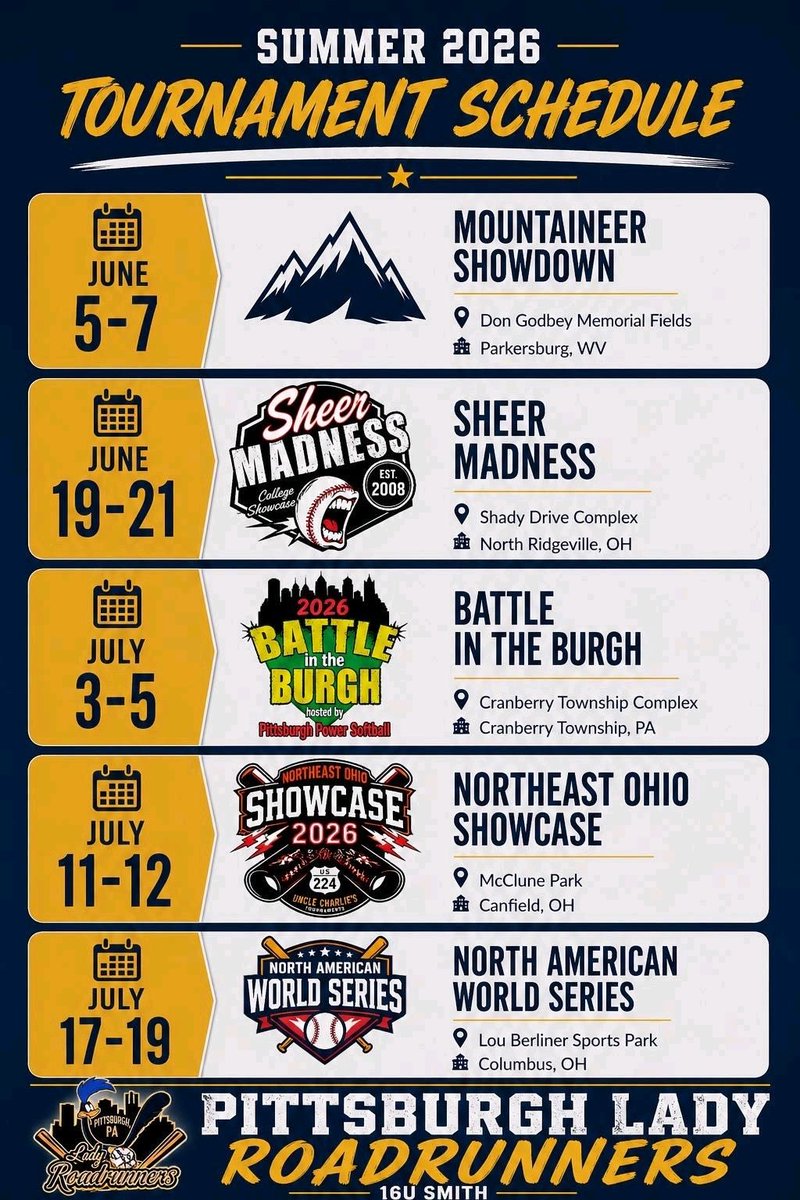 Shroyer2029's tweet photo. My summer schedule! So excited for this new team! 💙💛 #PLRR @D1ProScouts @CoastRecruits
@SoftballDown
@SBRRetweets
@ILoveFastpitch
@AScholarsBrand
@ExtraInningSB @TopPreps
@YAthletesF @PA_recruit
@QrRecruiter @SportPrepX @ChrisBru22 @WUJacketsSB @washjeffSB @Pitt_SB @upgbobcats https://t.co/D6TfE7lhc1