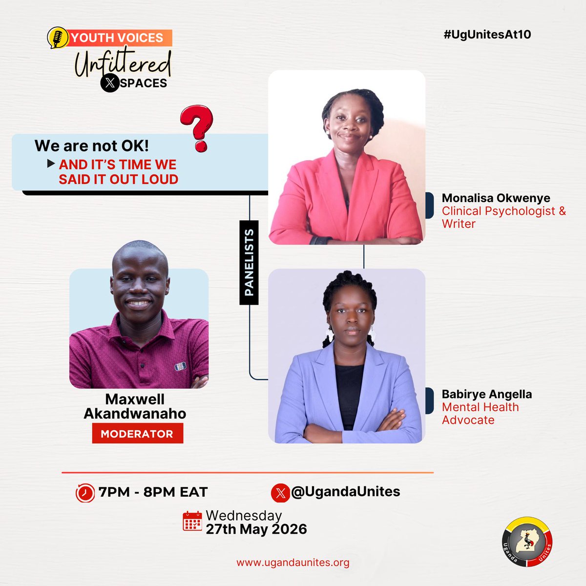 Maxwell_A_M's tweet photo. Tonight, I’ll be moderating an important X Space conversation themed: “We Are Not OK! And It’s Time We Said It Out Loud.” 🧠💔

Join us as we discuss mental health, silent struggles, healing, and the importance of speaking up in a world where many suffer quietly. 
@UgandaUnites https://t.co/KsOHGANJej