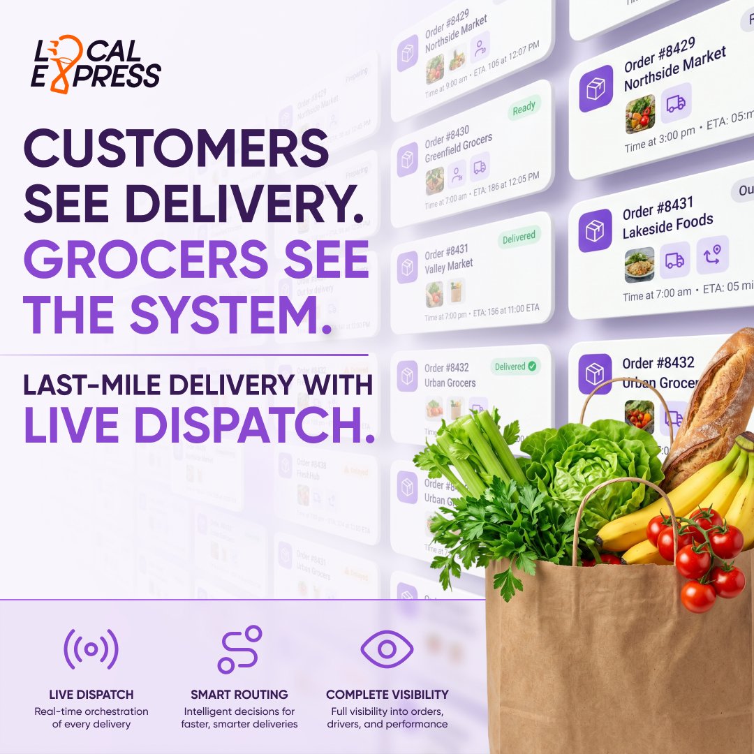 LocalExpress_US's tweet photo. Every regional grocer knows this pain. 

Orders come in → Where’s the driver right now? → Customers already calling → Back to manual chaos.

One failed delivery costs you $17.78.

Last-mile delivery eats 53% of your total fulfillment costs.

We fixed it.

Local Express delivers Live Dispatch on every single order - the only platform built specifically for regional grocers.

You get enterprise-level technology without hiring a logistics team.

Real-time control over your fleet and third-party drivers in one screen. 

Fully white-labeled under your brand.

How long will you keep losing money on a broken last-mile system?