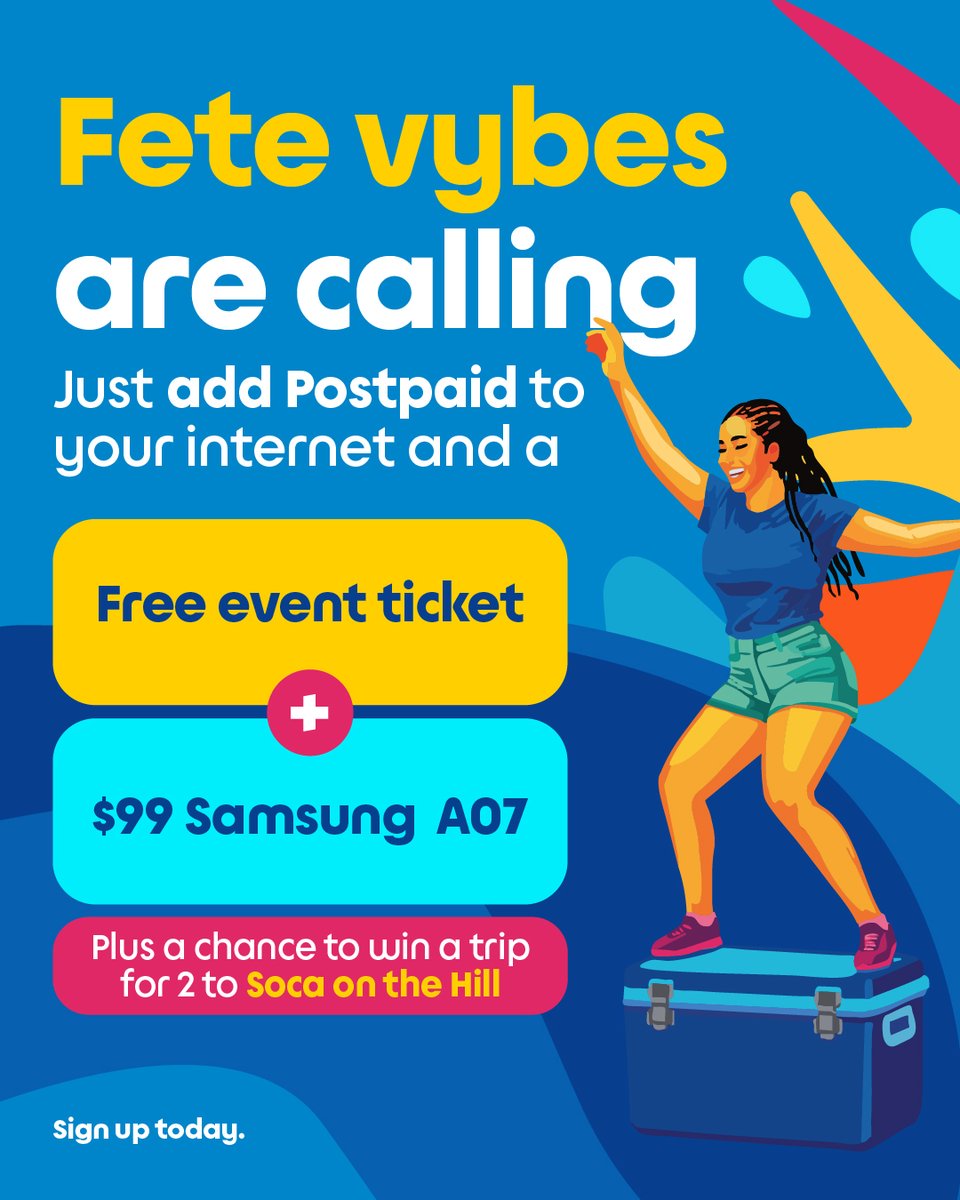 flowsvg's tweet photo. The fete vybes calling… you answering? 😩🔥

Add Postpaid to your internet and get a FREE event ticket + a $99 Samsung A07, plus a chance to win a trip for 2 to Soca on the Hill 💃🏾💙

Carnival season looking a lil sweeter 😌

#FlowSVG #CarnivalAtFlow #SocaOnTheHill #SwitchToFlow https://t.co/MXh1W4ZhVp