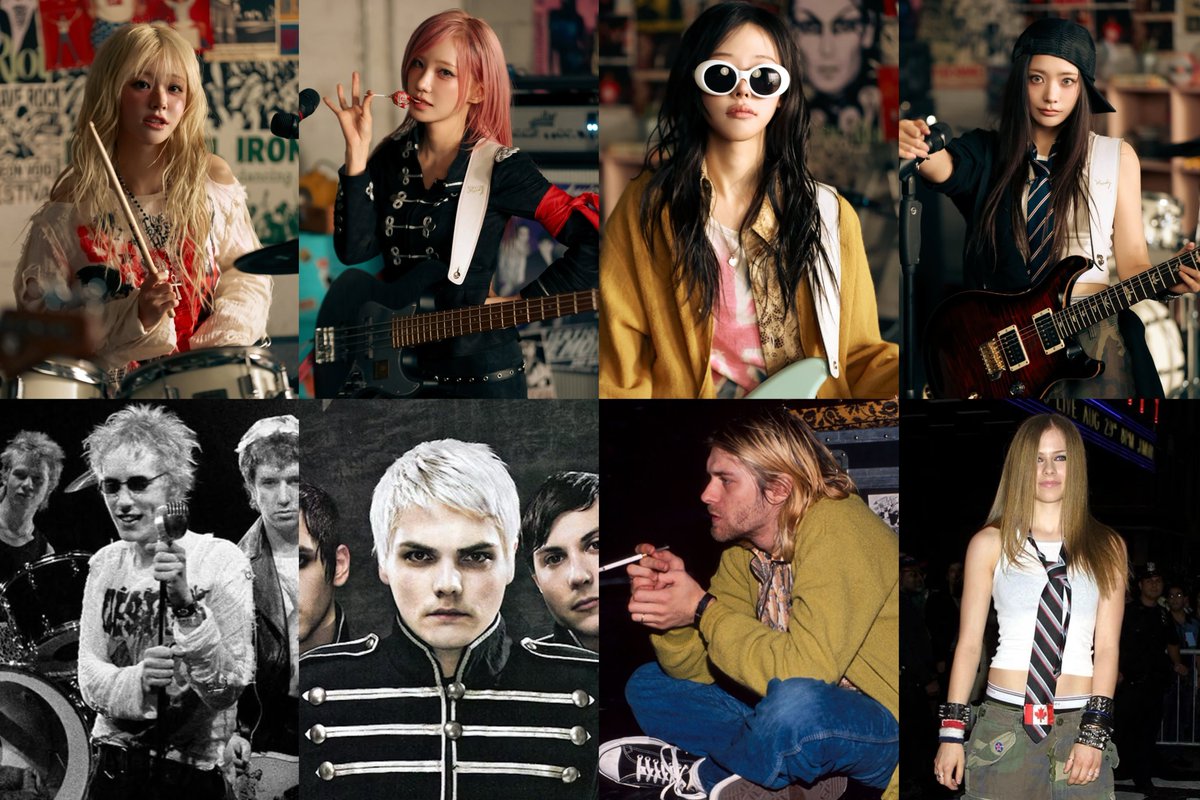 kyuudap's tweet photo. making a little correction here because according to qwer's stylist for the bad habit special video, the inspirations for each member should be:

chodan - sex pistols
magenta - my chemical romance
hina - kurt cobain
siyeon - avril lavigne

https://t.co/K7IPdUhZGw https://t.co/Pd2I2fb486