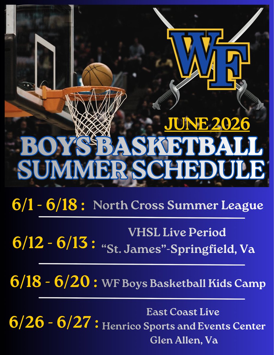 Cmkirchman20's tweet photo. Our June schedule is locked in for the William Fleming Boys Basketball program. We’re looking forward to a month full of competition, development, exposure, and growth as we continue building the standard.
#WFHoops #MakeEmBelieve ⚔️ https://t.co/gal4q50jk6