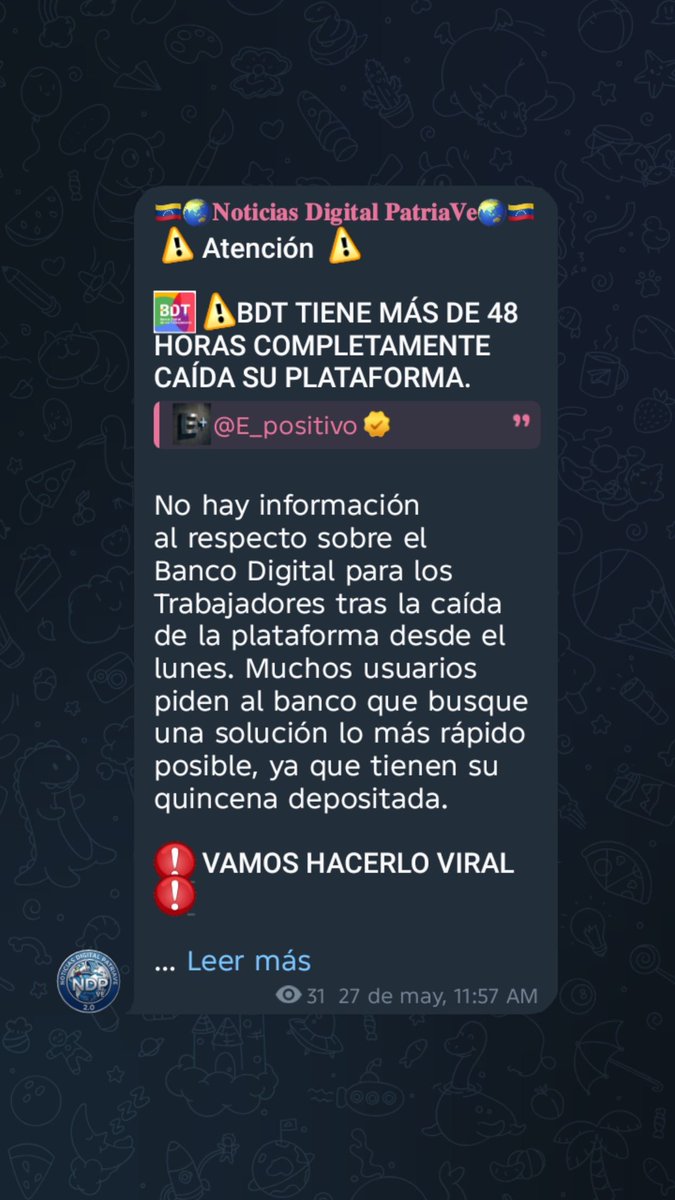 NoticiasDpatria's tweet photo. ⚠️ Atención ⚠️

😝⚠️BDT TIENE MÁS DE 48 HORAS COMPLETAMENTE CAÍDA SU PLATAFORMA.
🤩@E_positivo✅️ 

No hay información al respecto sobre el Banco Digital para los Trabajadores tras la caída de la plataforma desde el lunes. https://t.co/THJ9GKT53D