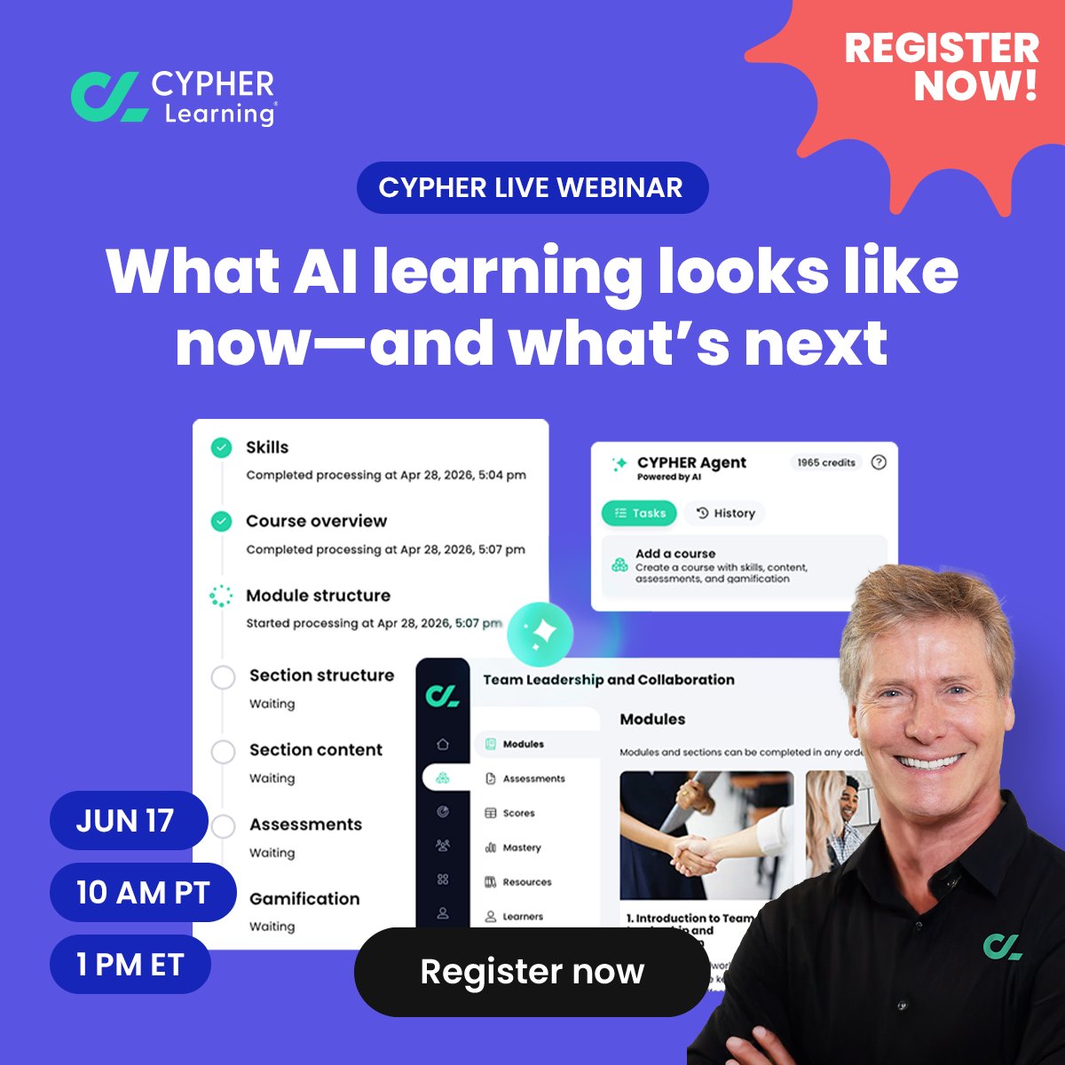 cypherlearning's tweet photo. Live webinar coming up! Join CYPHER Founder Graham Glass on June 17 at 1PM ET for an exclusive demo of what Al learning looks like now-and what's next. 

👉  Save your spot: https://t.co/cCXNHBOoOZ 

#CYPHERAgent #CYPHERLive #EdTech #CourseCreation https://t.co/YzjBu3E6qE