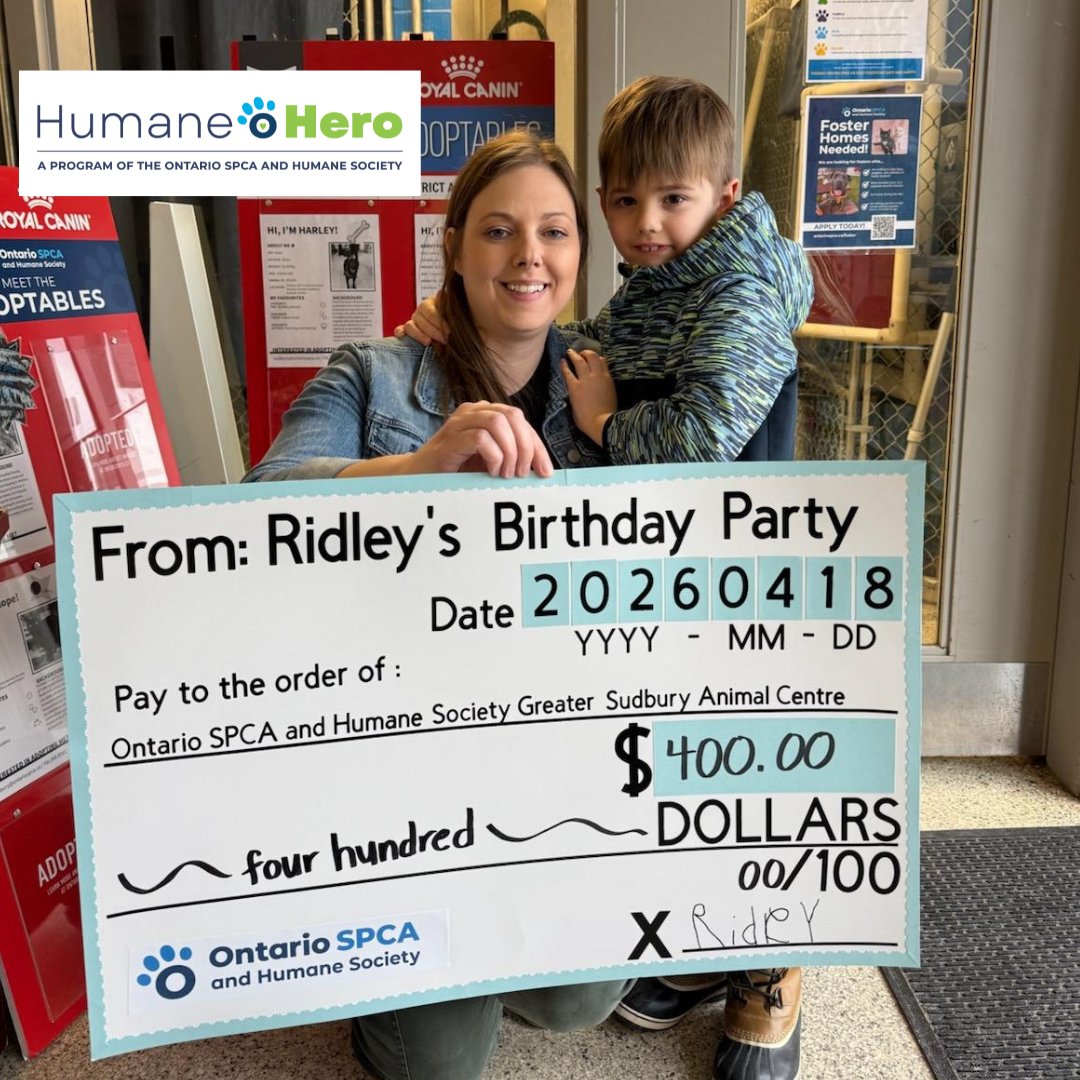 OntarioSPCA's tweet photo. Instead of birthday gifts, Ridley chose to help animals in need through a Humane Hero fundraiser for the Ontario SPCA Greater Sudbury Animal Centre 💙 His goal was $250, but he raised an amazing $425!
Want to help animals too? Set up your own fundraiser: https://t.co/tZZZkKTMkR https://t.co/RiP7hD1KGo