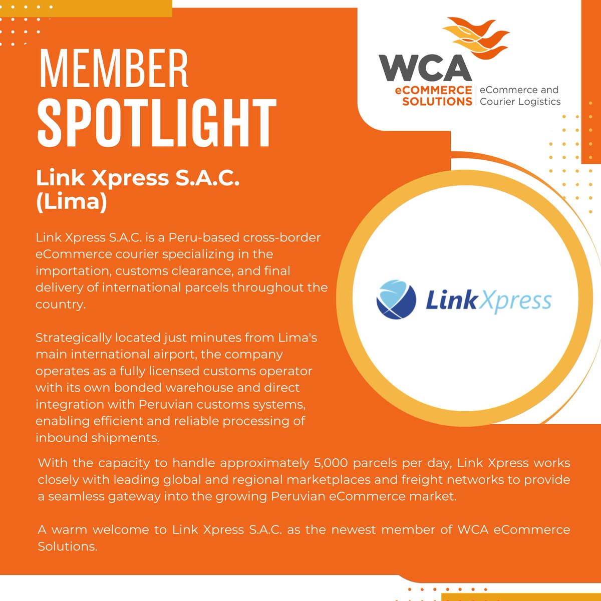 WCAeCommerce's tweet photo. 🌍 A warm welcome to Link Xpress S.A.C. our newest WCA eCommerce Solutions member!

📌  Read more: https://t.co/JlOUZnlkHO

#WCAeCommerceSolutionsConference https://t.co/kTGdfdobjG