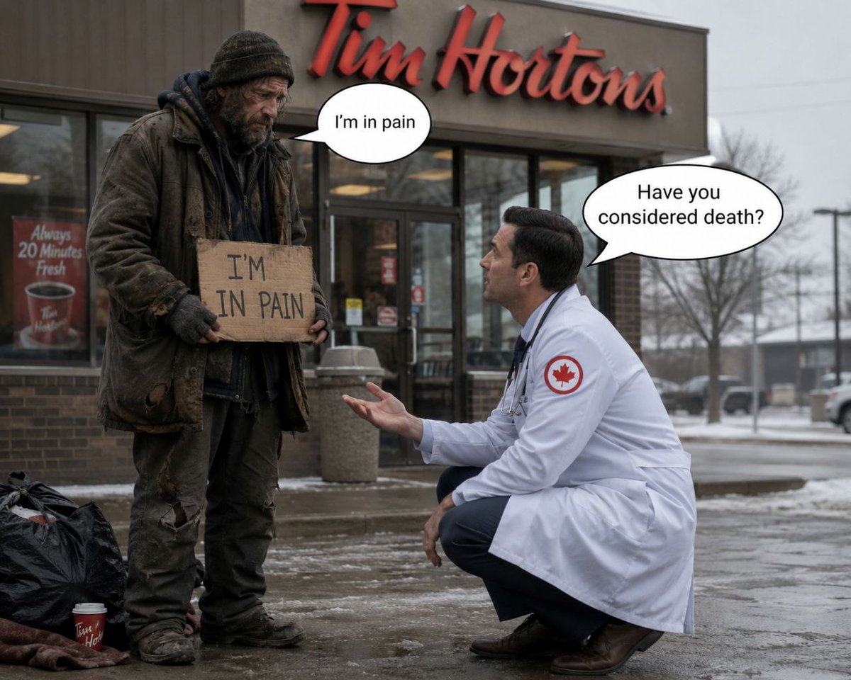 RT_com's tweet photo. Canadian man EUTHANIZED by doctor after being 'assessed' outside a Tim Hortons cafe

The man reportedly suffered from IBD and depression 

Dr James MacLean has now been placed under 6 months supervision for improperly administering euthanasia to patients https://t.co/4lCVnncNEe