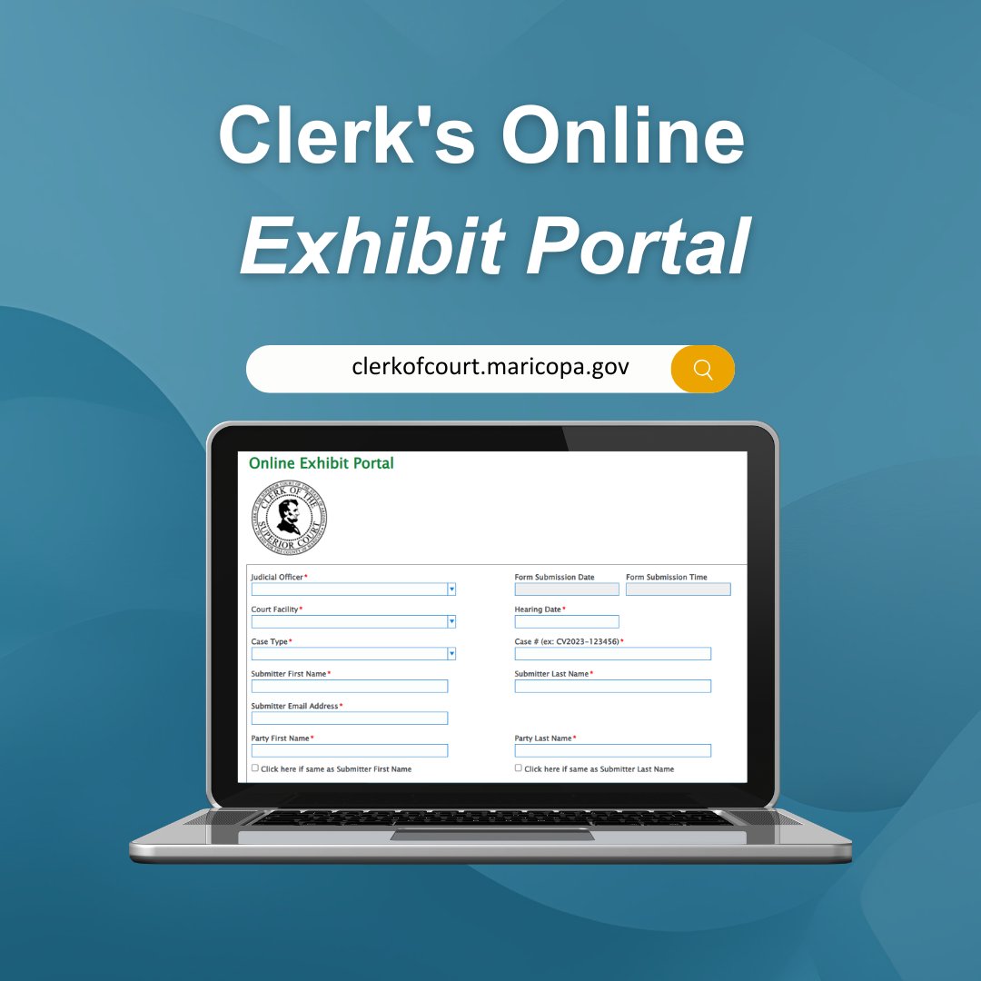 MaricopaCOSC's tweet photo. FYI - The Clerk's Office has the option to submit exhibits online. The online exhibit's portal makes it easier to upload and view evidence for hearings or trials, allowing you to save time. 

Check out our page for more information: https://t.co/fcDtdVD6Yv https://t.co/KFAhUgq4g2