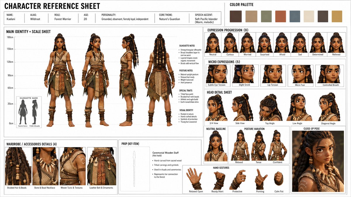 itsPixieVerse's tweet photo. Amazing @aimikoda's Amazing Character sheet template ✨

Gpt Image 2 Prompt:

Create a single unified MASTER CHARACTER REFERENCE SHEET from these inputs:

[STYLE]: stylized 3d cel-shaded

[SUBJECT_DESCRIPTION]: A young, athletic female warrior from a secluded forest tribe. She wears rustic, hand-crafted tribal clothing: a layered tunic of woven natural fibers, leather wraps, decorative bone and bead jewelry, and soft earthen face paint. Her hair is styled in structured braids decorated with wooden beads. Her presence is confident and grounded, and she carries a hand-carved ceremonial wooden staff.

Create the board in a 4:3 horizontal layout. The board layout, background, typography and spacing must be clean, neutral, minimal and technical, on a pure white or clean off-white background. Use clear section titles, readable English labels, balanced spacing, no clutter, no watermark, no logo. Apply [STYLE] only to the character and visual elements, not to the board layout or UI. All text must be clearly readable at normal viewing size. Avoid tiny or dense text.

Infer all missing details from the subject description, including name, alias if suitable, role, age, personality, core theme, accent, wardrobe details, accessories, key prop if clearly relevant, visual notes and a fitting color palette.

Use this layout:

top row = left: title + horizontal info block, right: COLOR PALETTE

center = large MAIN IDENTITY + SCALE SHEET as the biggest section

right = EXPRESSION PROGRESSION + HEAD DETAIL SHEET + NEUTRAL BASELINE + POSTURE VARIATION + CLOSE-UP POSE

bottom = WARDROBE / ACCESSORIES DETAILS + PROP + HAND GESTURES

Include:

Title: CHARACTER REFERENCE SHEET

1. TOP INFO BLOCK

Name, Alias, Role, Age, Personality, Core Theme, Speech Accent

2. COLOR PALETTE

Place this in the top-right header area.

Show 6 to 8 minimal clean color swatches that match the subject’s style, wardrobe, world and mood. Don't add labels.

3. MAIN IDENTITY + SCALE SHEET

This must be the largest and most prominent section.

Show the subject only, with no prop, no bag, no handheld object, no extra item interaction.

Show:

Front, 3/4 View, Side, Back

Place the character views over subtle measurement guide lines, like a clean model sheet scale background with height marks.

Also include a small SILHOUETTE GUIDE inside this same section:

2 small clean silhouette thumbnails, Neutral Stance and Profile Silhouette.

Keep the silhouettes small and secondary, placed in a corner of the MAIN IDENTITY + SCALE SHEET.

The subject should appear in a clean neutral presentation focused only on identity, body shape, outfit, silhouette and proportions.

Add a few small notes for silhouette, posture, special traits, visual identity.

4. EXPRESSION PROGRESSION

Show exactly 8 panels of the same subject:

Neutral, Curious, Worried, Surprised, Afraid, Sad, Determined, Relieved

MICRO EXPRESSIONS

Show exactly 5 panels of the same subject:

subtle eye tension, slight smirk, lip tension, micro fear, controlled breath

These panels should function as both an expression sheet and a light emotional progression.

5. HEAD DETAIL SHEET

Show several close-up head references of the same subject from different angles:

3/4 Headshot, Side Headshot, Top Angle, Low Angle, Diagonal Angle

Keep facial structure, hairstyle, eyes, proportions and identity fully consistent.

6. NEUTRAL BASELINE

1 panel: fully relaxed, no emotion

7. POSTURE VARIATION

2–3 panels: relaxed, tense, confident

8. CLOSE-UP POSE

Show exactly 1 cinematic close-up pose of the same subject from chest-up or shoulder-up.

Use a natural expressive pose that best fits the subject’s personality and story tone.

This close-up should clearly show facial identity, hairstyle, expression, upper wardrobe detail and emotional presence.

9. WARDROBE / ACCESSORIES DETAILS

Show exactly 4 close-up callouts for important styling details such as hairsty
