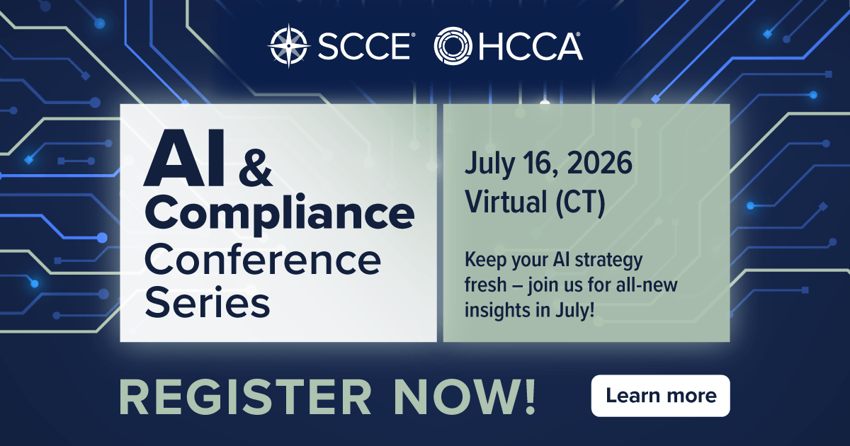 SCCE's tweet photo. Join SCCE on this virtual learning event where compliance professionals explore the ethical, legal, and privacy challenges AI brings to your organization. Real-world examples. Practical tools. Built for where compliance teams are right now. Learn more:
https://t.co/42XmOunEKG https://t.co/sGDeMzLPxJ
