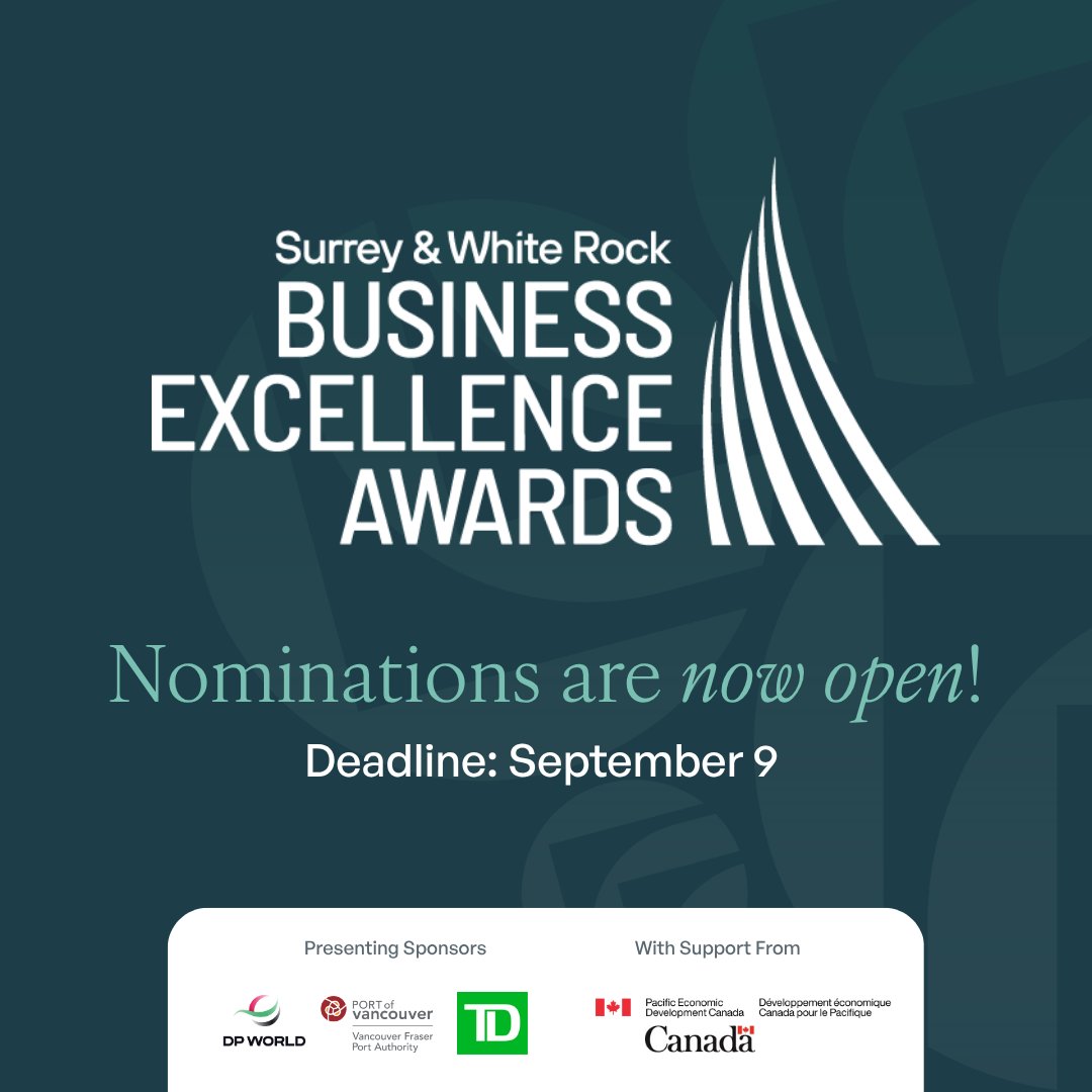 SWRBOT's tweet photo. Nominations are open for the #SurreyBC &amp; #WhiteRock Business Excellence Awards, sponsored by @DP_World, @TD_Canada + @PortVancouver + supported by @PacifiCanEN! 

Categories:
🏆 Biz Excellence
🏆 NFP 
🏆 Biz Person 
🏆 New Biz 
🏆 Young Entrepreneur

Info: https://t.co/FNEhQaBTWG https://t.co/8dPasJBd2z