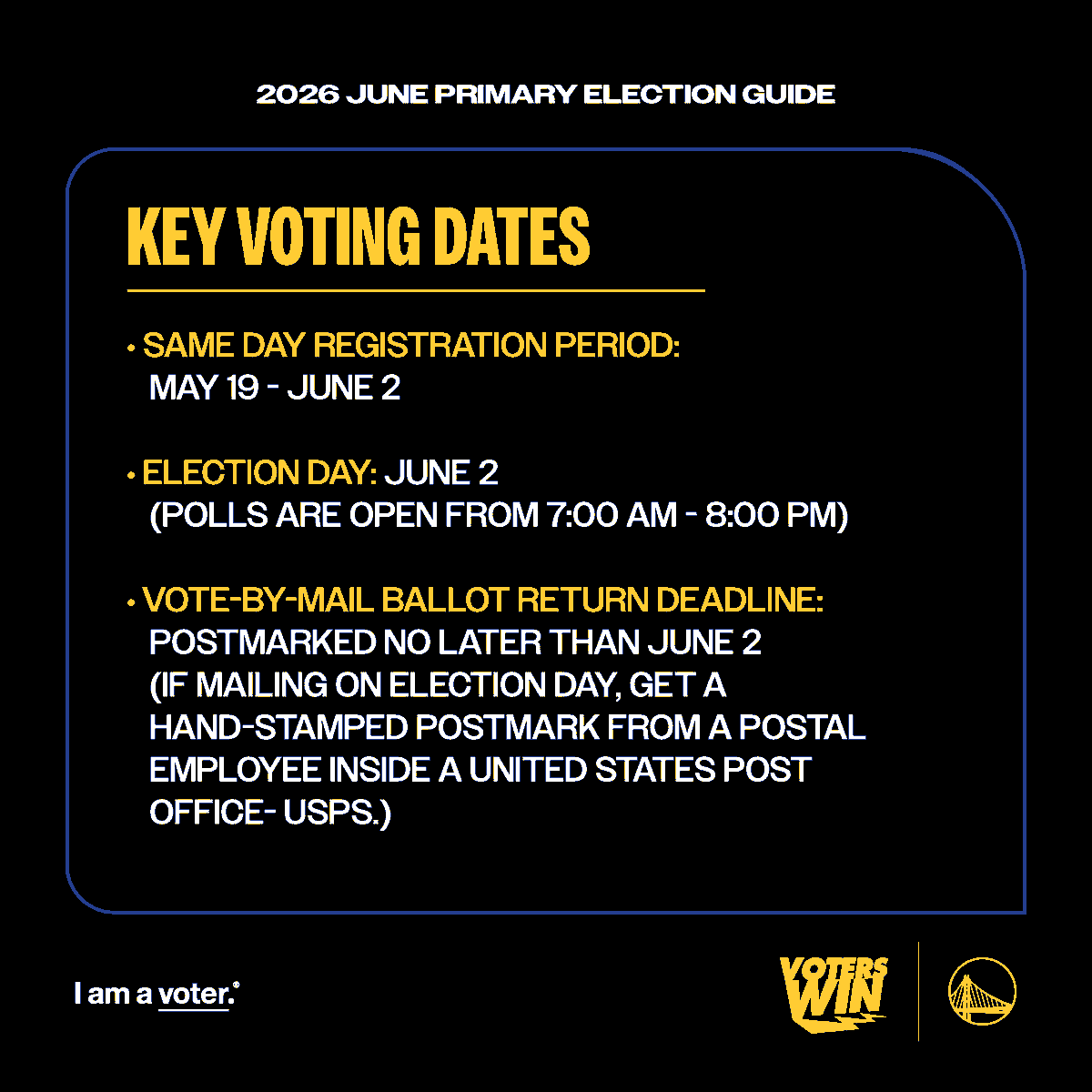 DubsCommunity's tweet photo. Bay Area, your ballot is in your hands! 🗳️ With the June 2nd Primary just around the corner, your vote will decide the future of our state and your local community. For more information based on where you live, you can text GOLDENSTATE to 26797. #VotersWin #IAmAVoter #RegisterToVote @iamavoter_