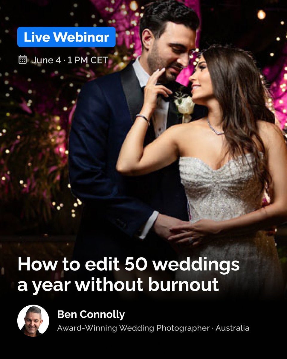 Retouch4me's tweet photo. How to stay relevant, stay booked, and stop spending your nights in Photoshop?

We're running a live session on June 4 for wedding and portrait photographers who are great at their craft but struggling with everything that happens after the shoot.

Here's what we will cover:
✔️ How to structure post-production so high-volume seasons don't break you
✔️ How to use AI retouching inside Photoshop without it flattening your style
✔️ How to position your work so AI tools are part of your advantage
✔️ Lifehacks: batch editing that keeps results consistent across hundreds of images

➡️ Send us WEBINAR in direct messages for the link or use the link in bio!