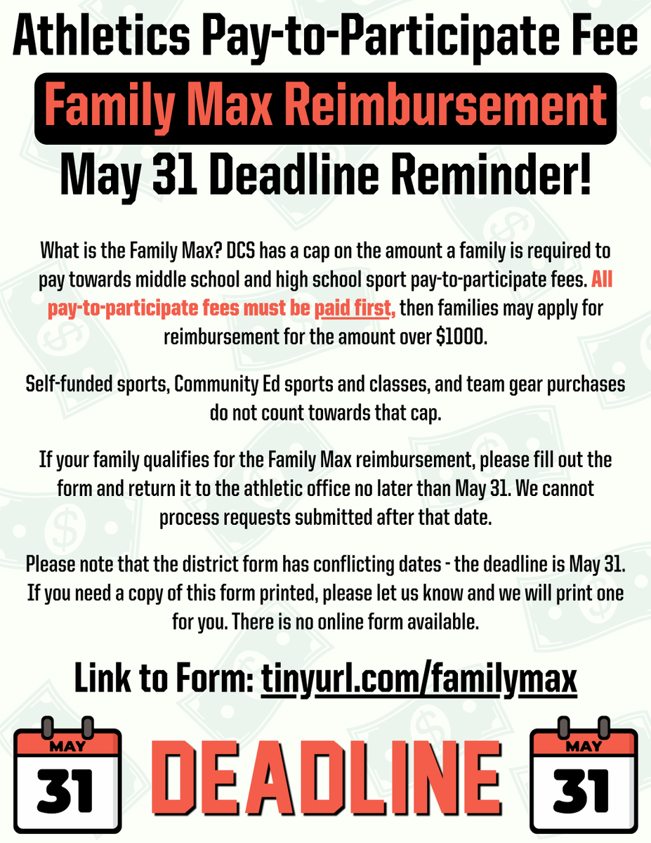 DreadStrong's tweet photo. May 31 is coming up quick! If your family qualifies and you want to apply for reimbursement over the $1000 cap, the deadline is fast approaching!

All fees must be PAID FIRST, then reimbursement requests can be made.

Find the form on DCS website or at https://t.co/vRe6qPWQfl https://t.co/wvykTCy1um