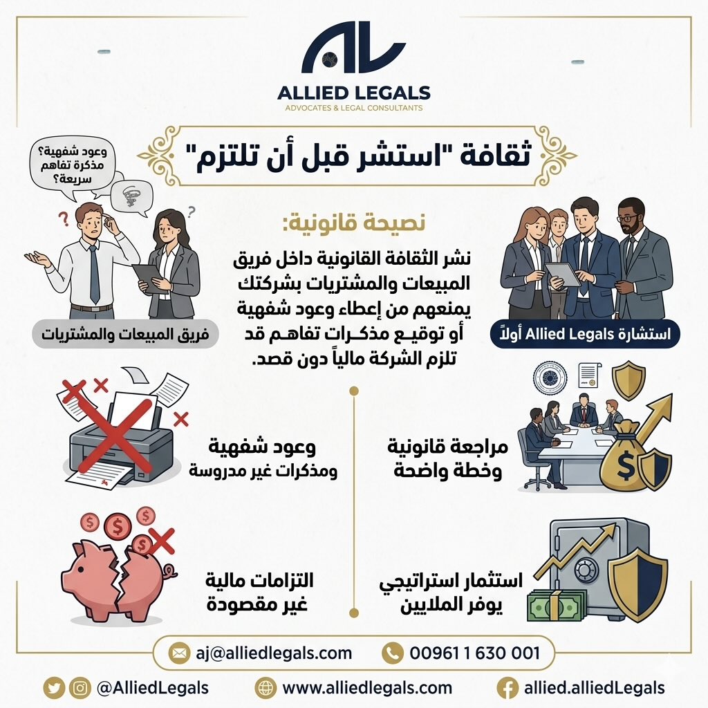 alliedlegals's tweet photo. نشر الثقافة القانونية داخل فريق المبيعات والموارد البشرية  بشركتك يمنعهم من إعطاء وعود أو توقيع مذكرات تفاهم قد تلزم الشركة مالياً دون قصد. 

استشارة المحامي أولاً هي استثمار استراتيجي يوفر الملايين https://t.co/pCuuQZXfUS