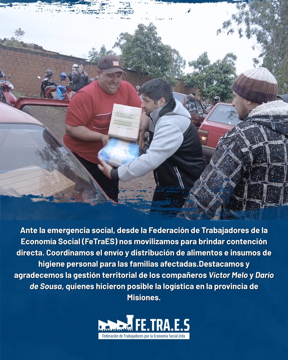 FetraesA's tweet photo. Frente a la falta de ingresos, la FeTraES envió de forma urgente una donación de alimentos y artículos de higiene personal para asistir a todas las familias damnificadas por el cierre del aserradero Linor SRL. #fetraes https://t.co/iimqXEjwTZ