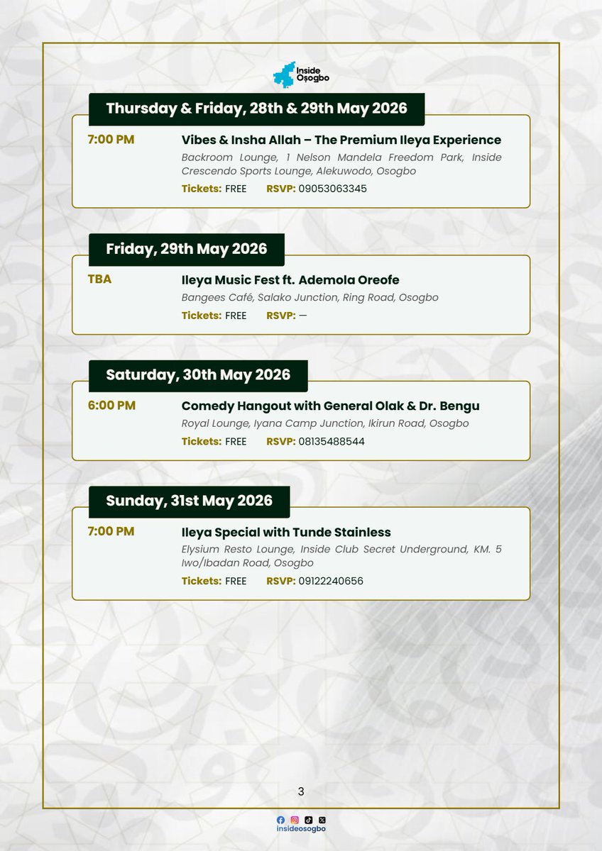 InsideOsogbo's tweet photo. Get ready to celebrate faith, unity, culture and happiness as Òṣogbo comes alive with exciting events lined up for the festive period. 

Check the calendar, save the dates, and don’t miss out on the energy of Ileya INSIDE ÒṢOGBO.

#EidAlAdha2026
#InsideOsogbo https://t.co/xukocQHCyS