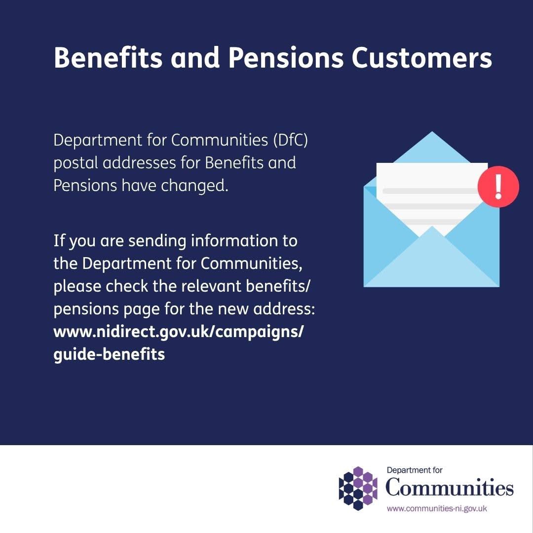 CommunitiesNI's tweet photo. Postal addresses for Benefits and Pensions have changed. 

If you are sending information to the Department for Communities, please check the relevant benefits/pensions page for the new address: 

https://t.co/g4fEjXC2SN https://t.co/rr58vekSLf
