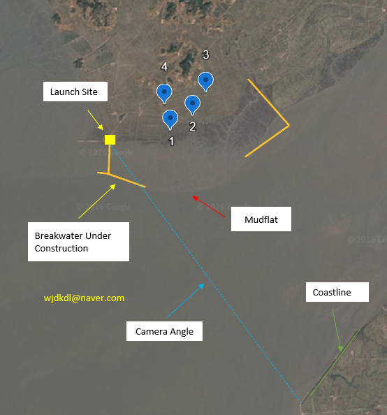 Blackeyesko's tweet photo. I estimated the location of North Korea's missile launch on May 26 using distinctive features visible in the released imagery.
The site appears to be Udong-do (near Ilhae-ri, Jeongju-si, North Pyongan Province).
Google Earth currently does not yet show the breakwater under construction, which makes this spot easy to overlook in geolocation efforts.

Coordinates: 39.522470°N 125.273136°EKey matching evidence across the images includes:
• the breakwater under construction
• the wide, horizontally extending mudflat in front of the launch area
• the opposite coastline visible across the sea
• four distinctive protruding island-like features on the reclaimed land beside the site.

#OSINT #Geolocated #GEOINT #SatelliteImagery #NorthKorea #NorthKoreanMissile #MissileLaunch #GoogleEarth #Sentinel2 #Copernicus