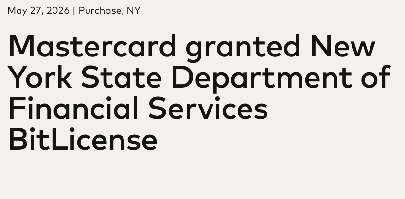 DefiantNews's tweet photo. This is big:

@Mastercard just got a NY BitLicense, one of crypto's hardest state licenses to obtain. 

The announcement signals the payments giant is serious about coming onchain.

More on @ConvergeDefiant:
https://t.co/0xB4TB5DRo https://t.co/HqGsrqbUgY