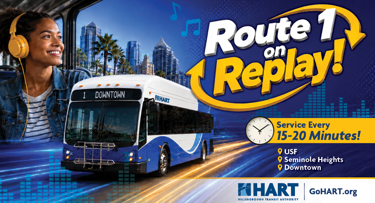 GoHART's tweet photo. Route 1 on Replay. 🔁

With service every 15–20 minutes, Route 1 keeps you moving to @USouthFlorida, Seminole Heights, and @Tampasdowntown!

No long waits. Never miss a beat. Just press play and ride. 🎧🚌

Plan your trip at https://t.co/bo2lNcYjdm. https://t.co/o3dkp6vOYx