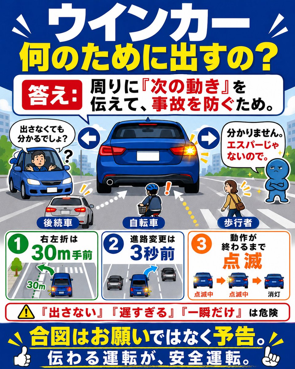 tsuba28385's tweet photo. ウインカーを出さない人ほど、
「見れば分かるでしょ」
と思っているかもしれません。

でも道路にいるのは、
あなたの考えを読める人ではありません。

合図は相手への配慮ではなく、
事故を防ぐための最低限の情報です。

#安全運転 #ウインカー https://t.co/hQJuYiv5c3
