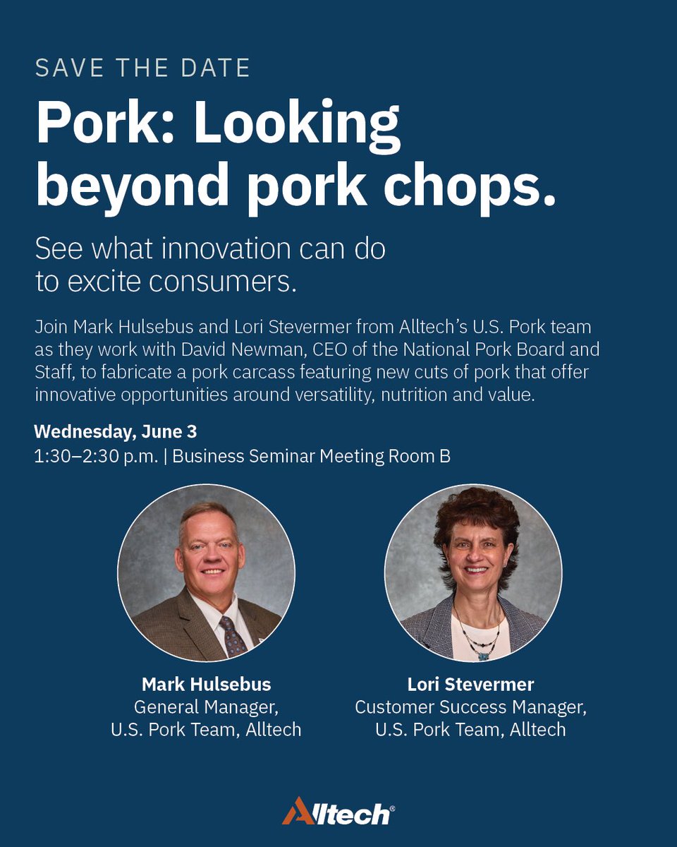 Alltech's tweet photo. How can #pork meet consumer demand for protein?

Join Mark Hulsebus and Lori Stevermer, as well as David Newman, CEO of the @TasteofPork, at #WorldPorkExpo for a live pork carcass fabrication exploring how innovation can help build interest, excitement, and demand for U.S. pork. https://t.co/j9UlTXsoNd
