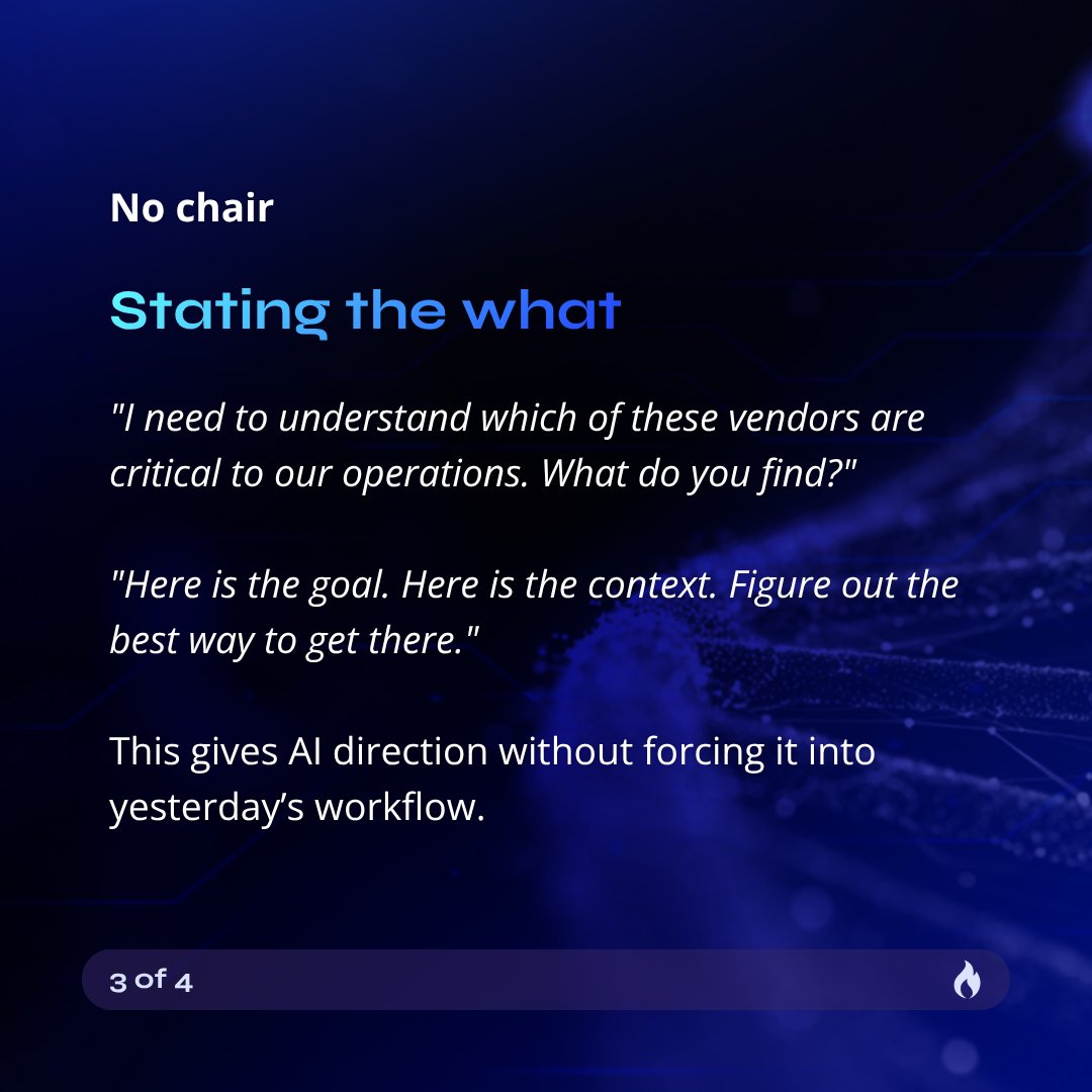 IgniteTech's tweet photo. The better instruction is not how. It is what.

Tell it the destination. Trust it to find the path.

At @IgniteTech, this is how we work with AI now.

No more chairs.

#IgniteTech #AIDNA #AIImplementation #DigitalTransformation https://t.co/fVNGrNyWGt