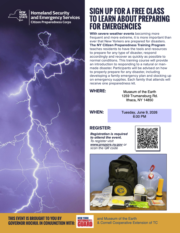 PRInstitution's tweet photo. LEARN ABOUT HOW TO PREPARE FOR EMERGENCIES!

Want to learn about how to prepare for natural disasters? Come to Museum of the Earth on Tuesday, June 9 at 6 pm! Each family that attends will receive one FREE preparedness kit.

Register here: https://t.co/zsRrB0Megc https://t.co/Ik3sA8wiHU