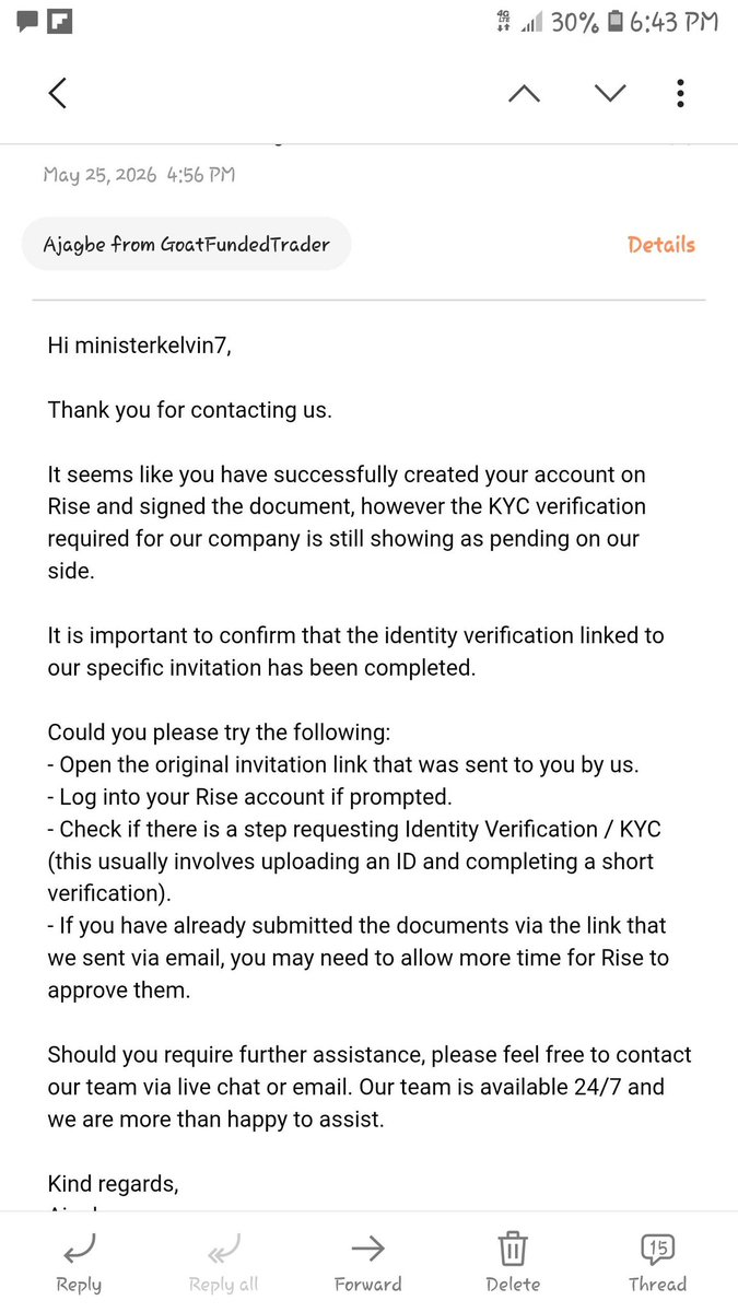DeraFigo's tweet photo. I completed my Rise KYC but it’s still showing as pending, so Goat Funded Trader told me to contact Rise, but Rise told me to contact Goat Funded Trader to send an                   invitation link to my email, and I’m confused on what to do 
ministerkelvin7@gmail.com @HafeezGFT https://t.co/ystKm0ft7U