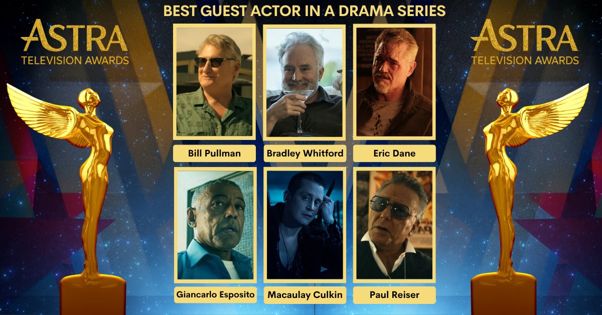 TheAstraAwards's tweet photo. The nominees for Guest Actor in a Drama Series are:

• Bill Pullman — The Boroughs
• Bradley Whitford — The Diplomat
• Eric Dane — Euphoria
• Giancarlo Esposito — The Boys
• Macaulay Culkin — Fallout
• Paul Reiser — The Boys

#AstraTVAwards #TheAstras #BillPullman #BradleyWhitford #EricDane #GiancarloEsposito #MacaulayCulkin #PaulReiser #TheBoroughs #TheDiplomat #Euphoria #TheBoys #Fallout